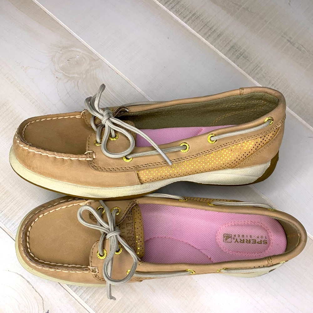 Sperry Shoe, Tan and Gold Polka Dots, Leather size 7.5